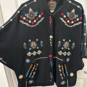 Johnny Was Black Poncho with Multicolor Embroidery